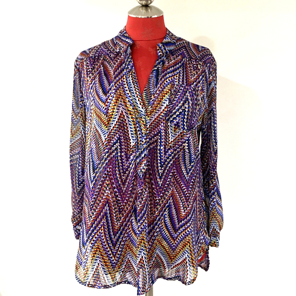 Nikkies Threads sz S sheer colorful popover blouse hi low hem relaxed Boho top